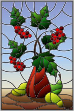 Vitray tarzı natürmort, kartopu Seramik vazolar ve mavi bir arka plan üzerinde sarı armut dallarında buket ile resimde