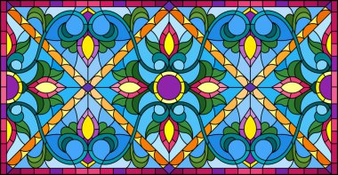 Mavi arka planda soyut girdaplar, çiçekler ve yapraklar ile boyalı cam tarzında resim, yatay yönelim