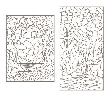 Boyalı cam tarzında, vahşi doğa manzarası, bir dağ nehri ve şelale, beyaz zemin üzerinde koyu bir çizgiden oluşan desenler çiz.
