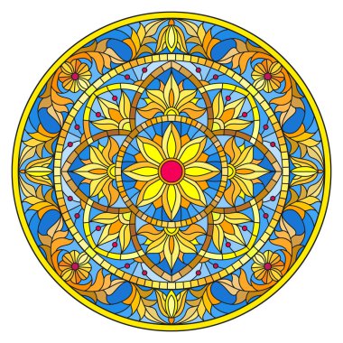 Vitray stil, ayna görüntüsü çiçek süs eşyaları ve swirls ile yuvarlak resimde