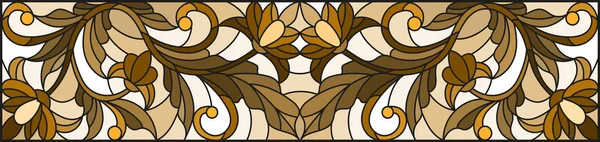 Иллюстрация в витражном стиле с абстрактными завихрениями, цветами и листьями на светлом фоне, горизонтальная ориентация, сепия — стоковый вектор