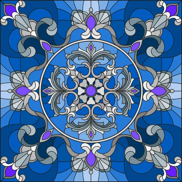 Illustration dans le style vitrail, image miroir carré avec des ornements floraux argentés et tourbillons n un fond bleu — Image vectorielle