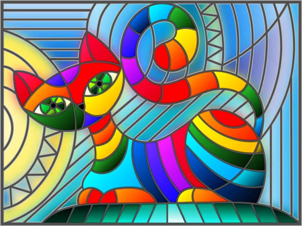 Illustration in stained glass style with abstract geometric cat — Stock Vector