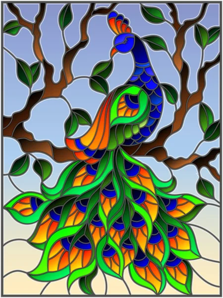 Ilustración en estilo vidriera pájaro pavo real y ramas de árbol en el fondo del cielo azul — Vector de stock