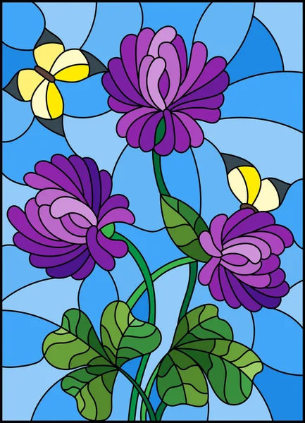 Ilustración en estilo vitral con ramo de trébol púrpura y mariposas amarillas sobre fondo celeste — Vector de stock