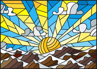 Vitray stil soyut dağlar, güneşin ve bulutların gökyüzünde çizimde