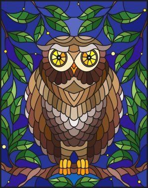 Bir ağaç dalı yıldızlı gökyüzü karşı oturup muhteşem renkli baykuş stiliyle vitray çizimde