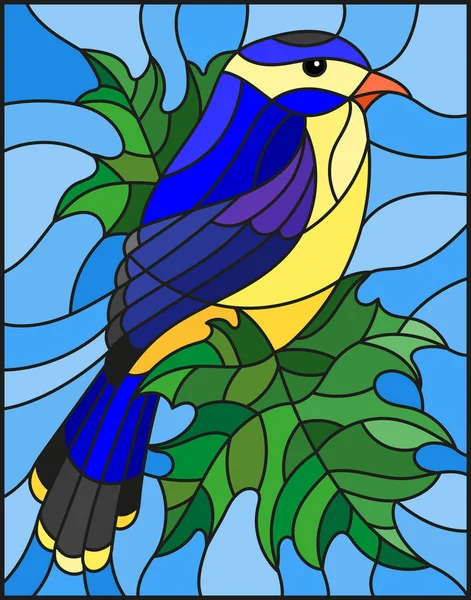 Ilustração no estilo de vitrais com um belo pássaro azul em um fundo de ramo de árvore de bordo e céu —  Vetores de Stock