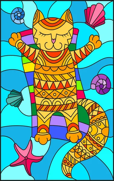 Ilustrace v vitráže stylu s legrační kočka sunbathingon nafukovací matrace uprostřed vln a mušle — Stockový vektor