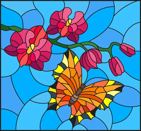 彩色玻璃的插图在蓝色的背景下, 粉红色的兰花和橙色的明亮的蝴蝶的分支 — 图库矢量图片