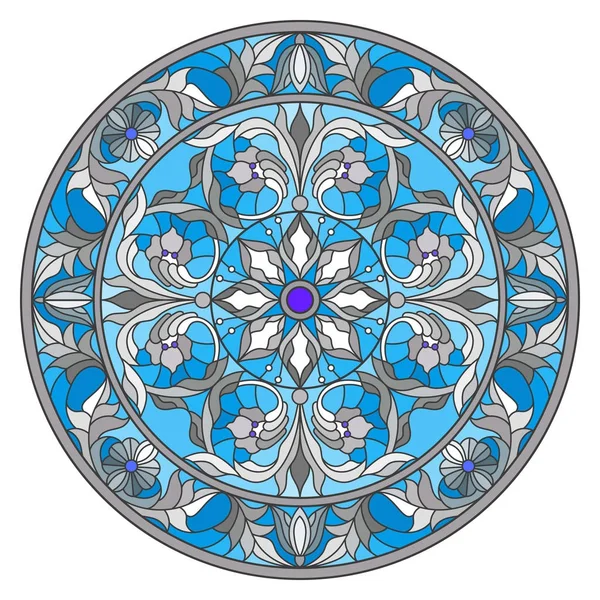 Иллюстрация в стиле витража, круглое зеркальное изображение с цветочными орнаментами и вихрями — стоковый вектор