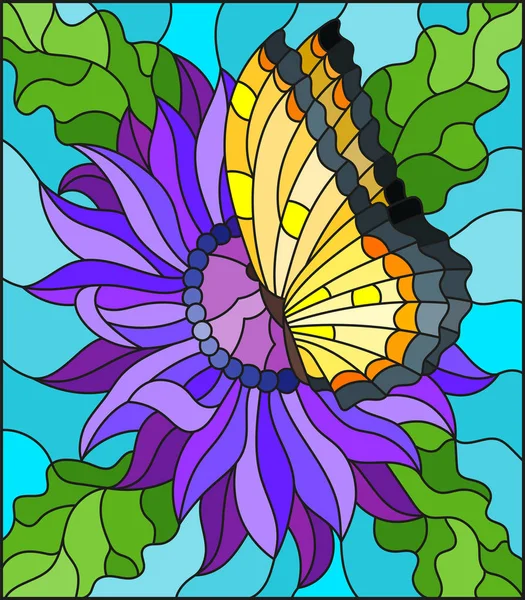 Illustration im Glasmalerei-Stil mit einer lila Aster-Blume und einem leuchtend gelben Schmetterling auf blauem Hintergrund — Stockvektor