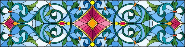 Mavi arka planda soyut girdaplar, çiçekler ve yapraklar ile boyalı cam tarzında resim, yatay yönelim