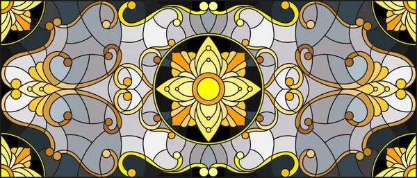 Illustrazione in stile vetrate con ornamento floreale, oro imitazione su sfondo scuro con turbinii e motivi floreali — Vettoriale Stock