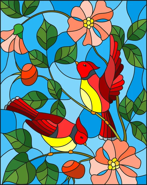 Ilustración en estilo vidriera con dos pájaros rojos en las ramas de la rosa silvestre en flor sobre un cielo de fondo — Archivo Imágenes Vectoriales