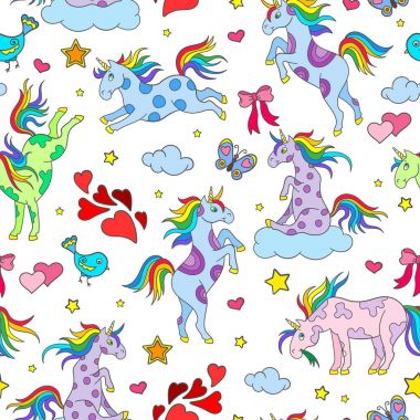 Beyaz arka plan üzerinde komik karikatür tek boynuzlu atlar, kalp, yıldız renk simgeleri ile Seamless Modeli