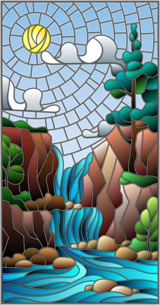 Illustration in Glasmalerei Landschaft, der Baum auf dem Hintergrund eines Wasserfalls, Berge, Sonne und Himmel — Stockvektor