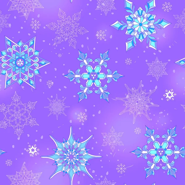 Бесшовный узор на тему зимних и зимних праздников, контур снежинки и факела, белые снежинки на фиолетовом фоне — стоковый вектор