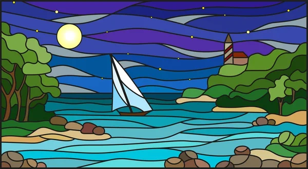 Ilustração em vidro manchado com vista para o mar, navegando na baía rochosa no fundo do mar, lua e céu estrelado —  Vetores de Stock