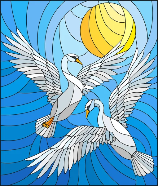 Ilustración en estilo vidriera con un par de cisnes en el fondo del cielo diurno y nubes — Vector de stock