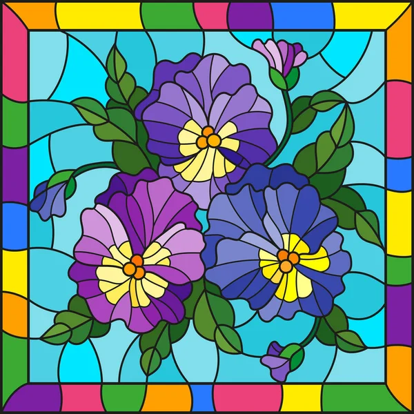Ilustración en estilo vidriera con flores, brotes, hojas y flores de pansy sobre un fondo azul en un marco brillante — Vector de stock
