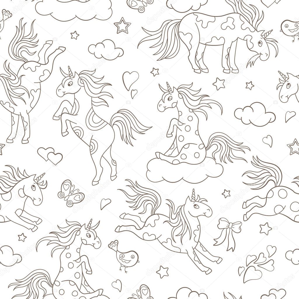 Seamless pattern with funny cartoon unicorns, hearts and stars contour icons on white background