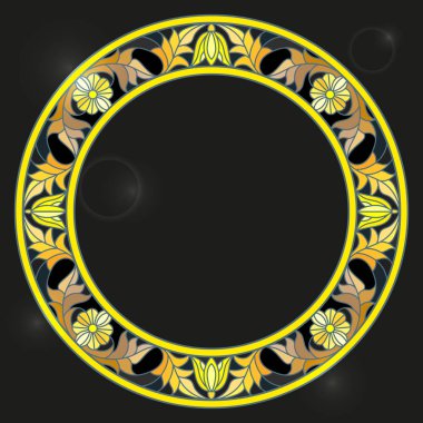 Vitray tarzı çerçeve çiçek, altın çiçek ve yaprakları koyu bir adam ile resimde