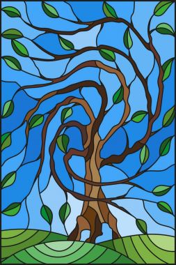 Ağaç gökyüzü arka plan üzerinde renkli cam stiliyle çizimde 