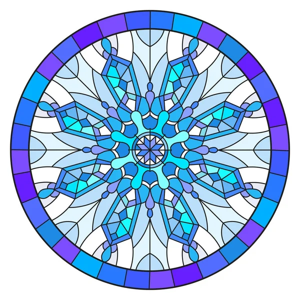 Illustration im Glasmalereistil mit Schneeflocke in blauen Farben in einem Rahmen, rundes Bild — Stockvektor