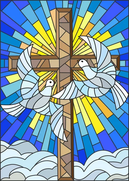 Illustration avec une croix et une paire de colombes blanches dans le style vitrail — Image vectorielle