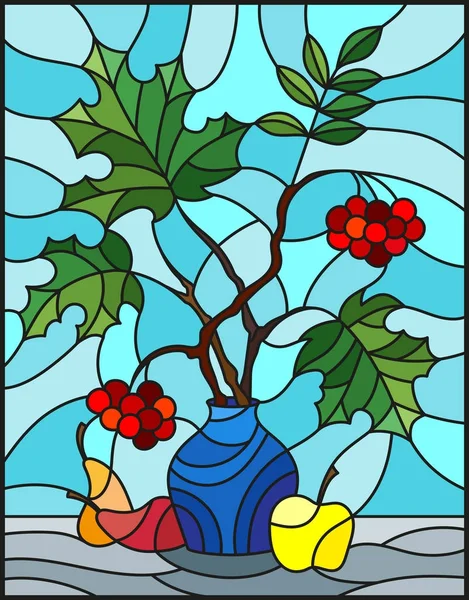 Ilustrace v vitráže stylu s podzimní zátiší, větve z jasanu a javoru v modrou vázu a ovoce na modrém pozadí — Stockový vektor