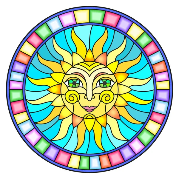 Illustration in the style of a stained glass window with abstract sun in bright frame,round image — Stock Vector