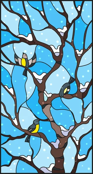 Ilustracja w stylu witrażu z bullfinches na titmouses brzozy niebo i śnieg — Wektor stockowy