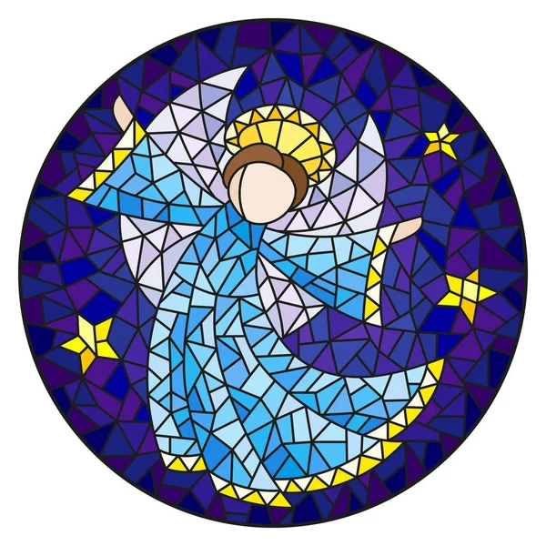 Иллюстрация в витражном стиле с абстрактным ангелом в синем халате, круглая картина — стоковый вектор