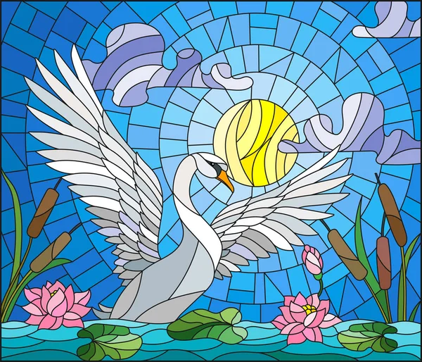 Illustration en vitrail avec cygne, fleurs de lotus et roseaux sur un étang au soleil, ciel et nuages — Image vectorielle