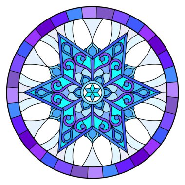 Vitray tarzı illüstrasyon mavi kar tanesi ile görüntü yuvarlak bir çerçeve içinde renkler