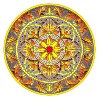 Vitray stil, ayna görüntüsü ile çiçek süs eşyaları ve swirls gri bir arka plan üzerinde yuvarlak resimde