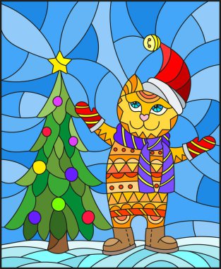 Illustration in stained glass style with funny cat in Santa hat and Christmas tree on a background of snow and sky clipart