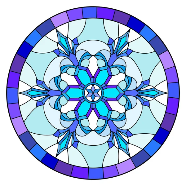 Ilustración en estilo vitral con copo de nieve en colores azules en un marco, imagen redonda — Vector de stock