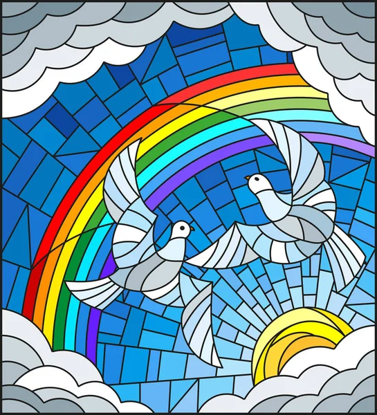 彩色玻璃的插图在天空, 太阳, 云彩和彩虹背景下的一对鸽子 — 图库矢量图片