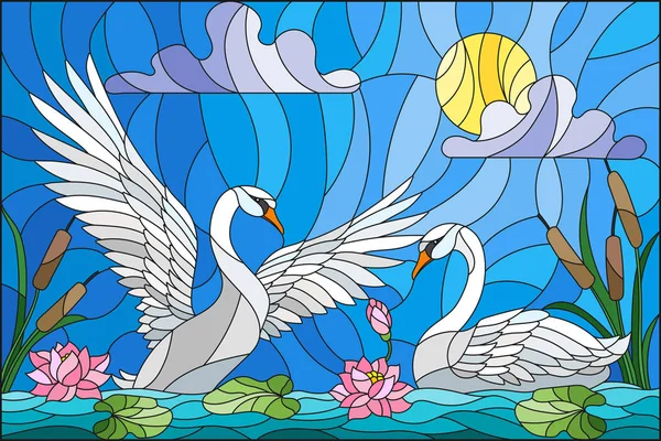 Иллюстрация в витражном стиле с парой лебедей, цветами лотоса и тростником на пруду на солнце, небе и облаках — стоковый вектор