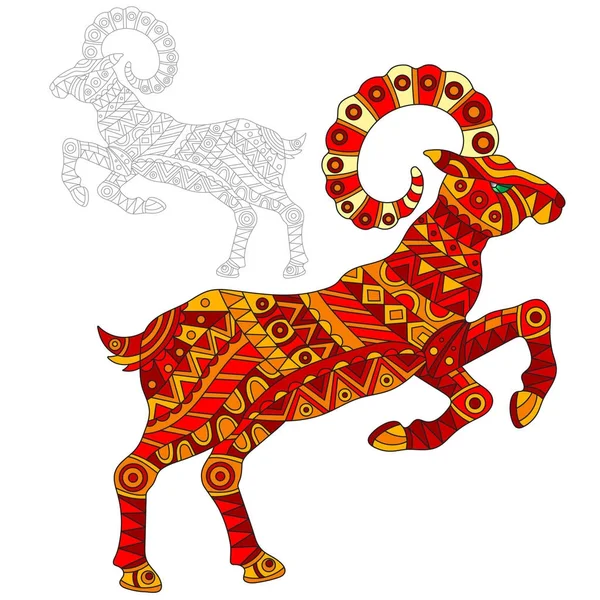 Ilustración de cabra roja abstracta, animal y pintado su contorno sobre fondo blanco, aislar — Vector de stock