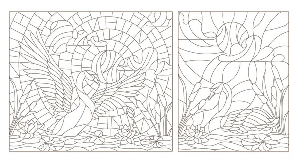 Set illustrazioni contorno di vetrate con cigni e loto su uno stagno su uno sfondo cielo e sole — Vettoriale Stock