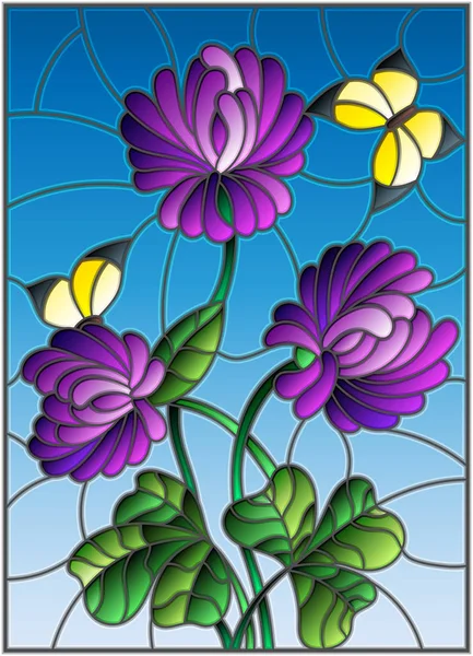 Ilustración en estilo vitral con ramo de trébol púrpura y mariposas amarillas sobre fondo celeste — Vector de stock