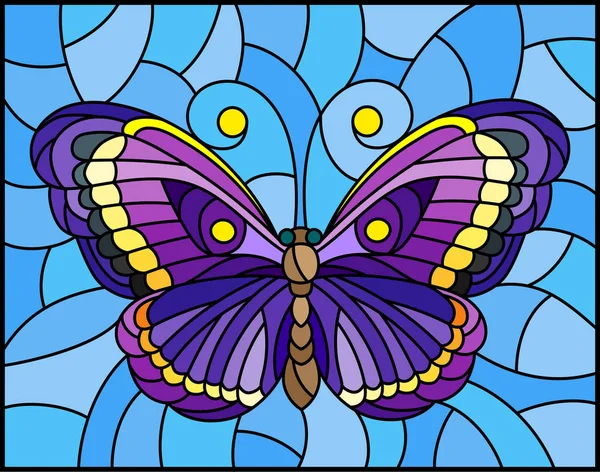 Ilustración en estilo vidriera con mariposa púrpura brillante sobre fondo azul — Vector de stock