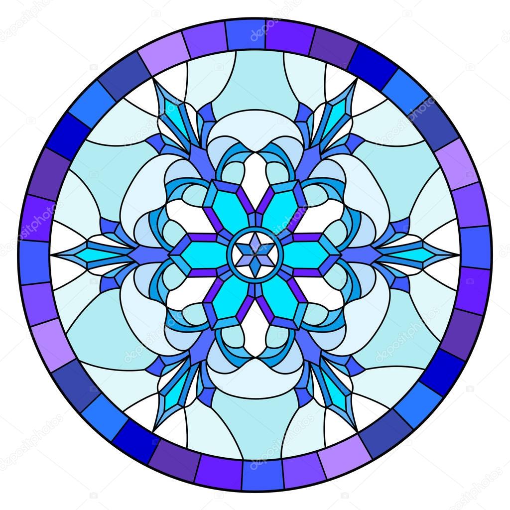 Illustration in stained glass style with snowflake in blue colors in a frame ,round image