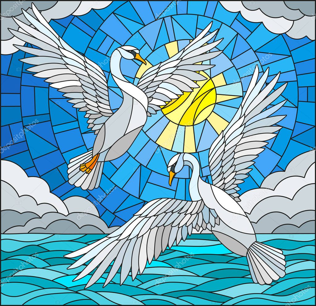 Illustration in stained glass style with a pair of  swans on the background of the daytime sky, water  and clouds