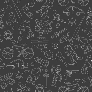 Dikişsiz desen Tema çocukluk ve oyuncaklar oyuncaklar için boys, hafif koyu arka plan üzerinde simgeler kontur