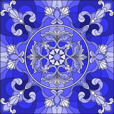 İllüstrasyon soyut vitray tarzında swirls ve bir açık renkli, kare resim, gama mavi yaprakları