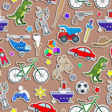 Tema çocukluk ve oyuncaklar, oyuncak erkekler, kahverengi arka plan etiketleri simgeleri için seamless modeli